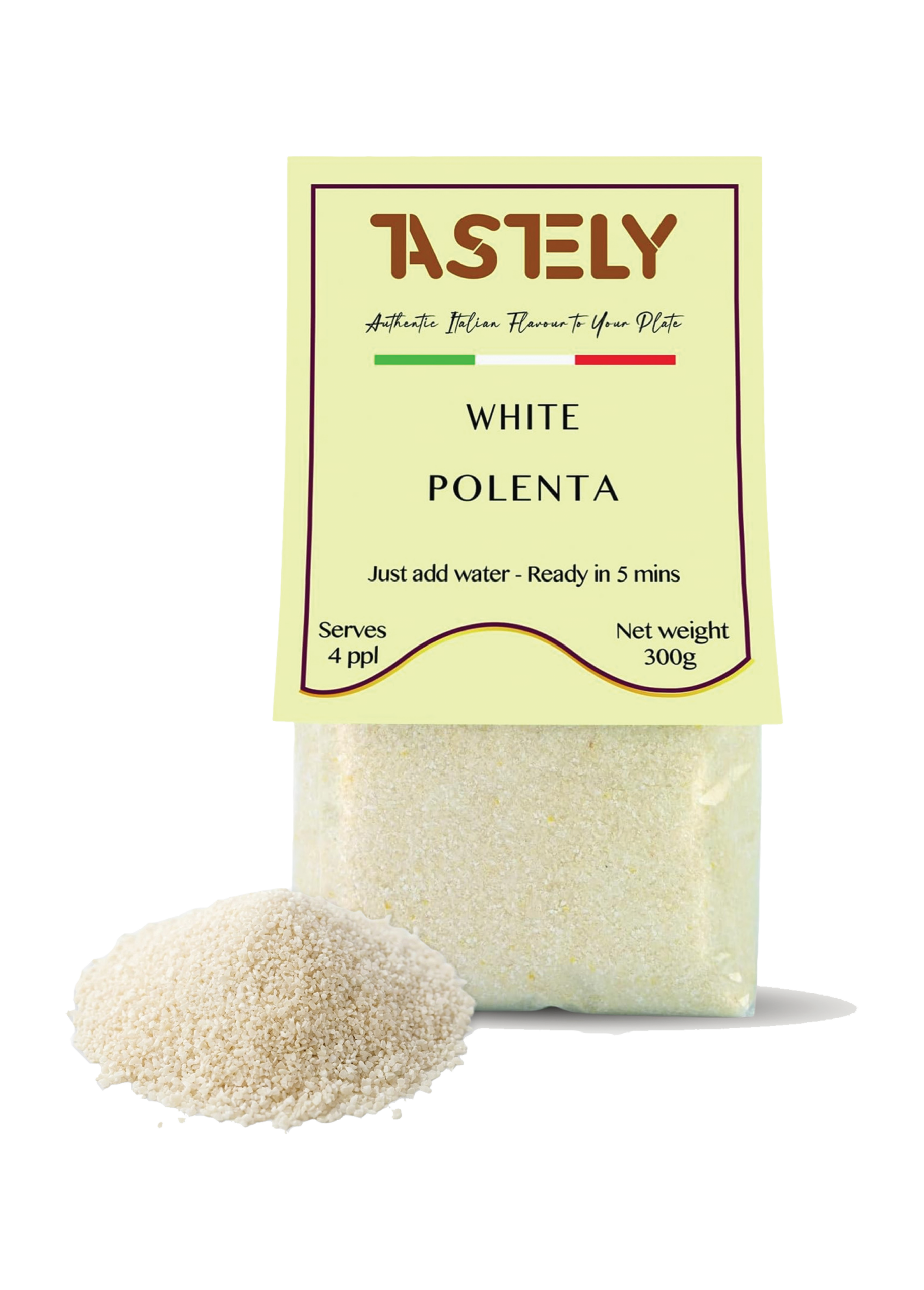 packaged white polenta mix with italian flag stripe and brand name astelly on the front label ready to cook in 5 minutes serves 4