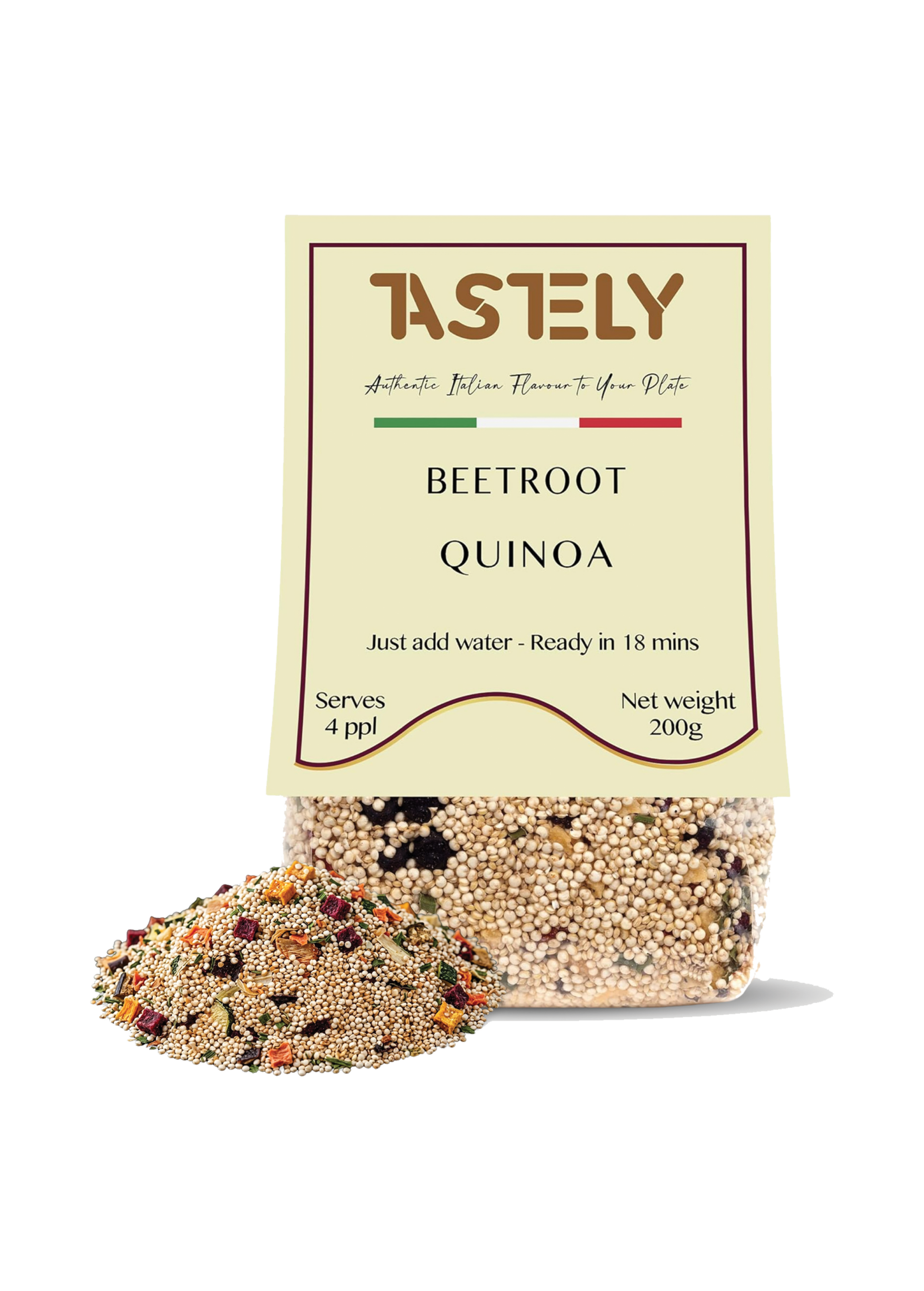 Front of a grain snack bar package labeled 'Tastely' with 'Beetroot Quinoa' and Italian flag stripe, beige background.
