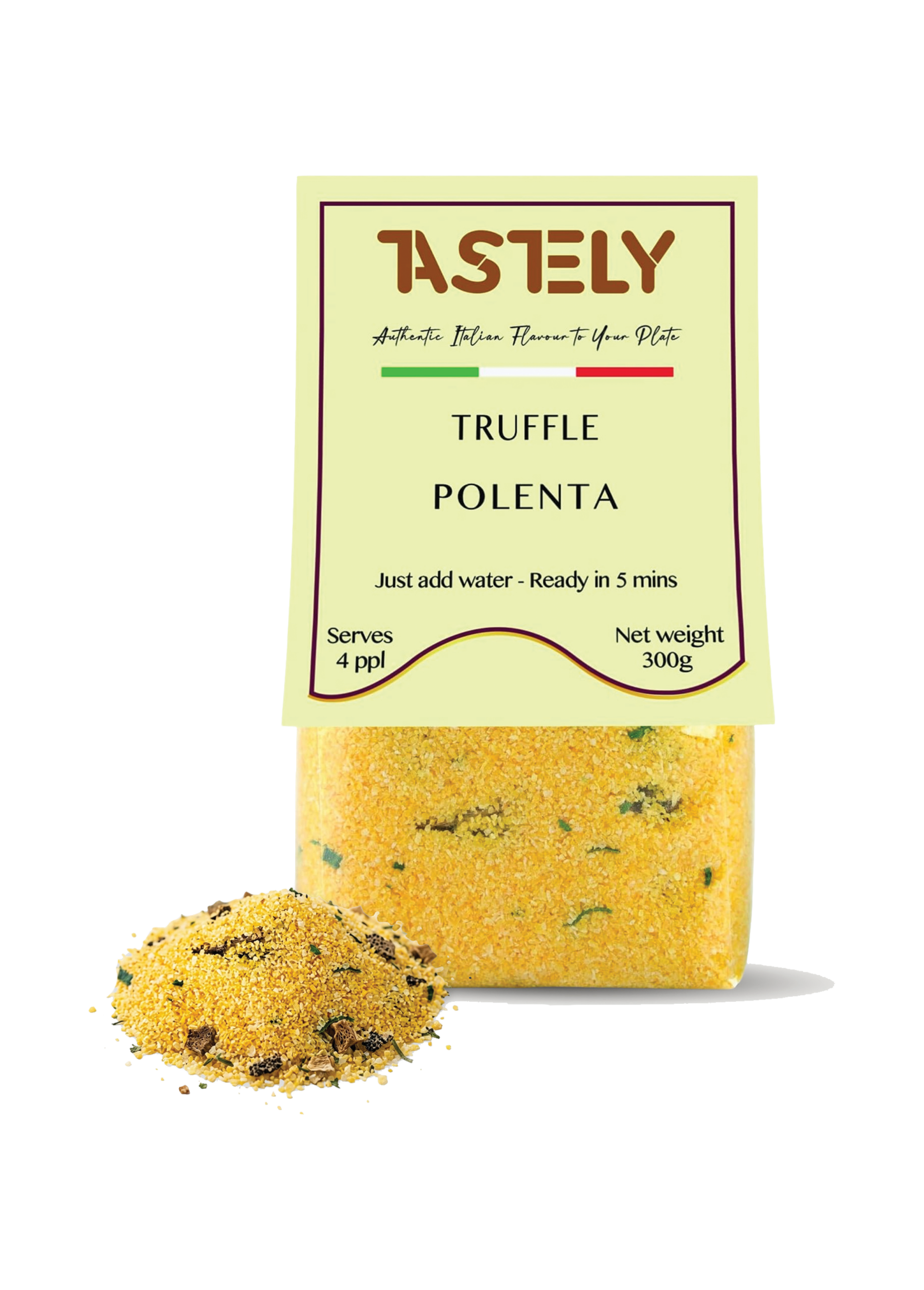 front of tastely truffle polenta package with italian flag stripe and pale yellow label
