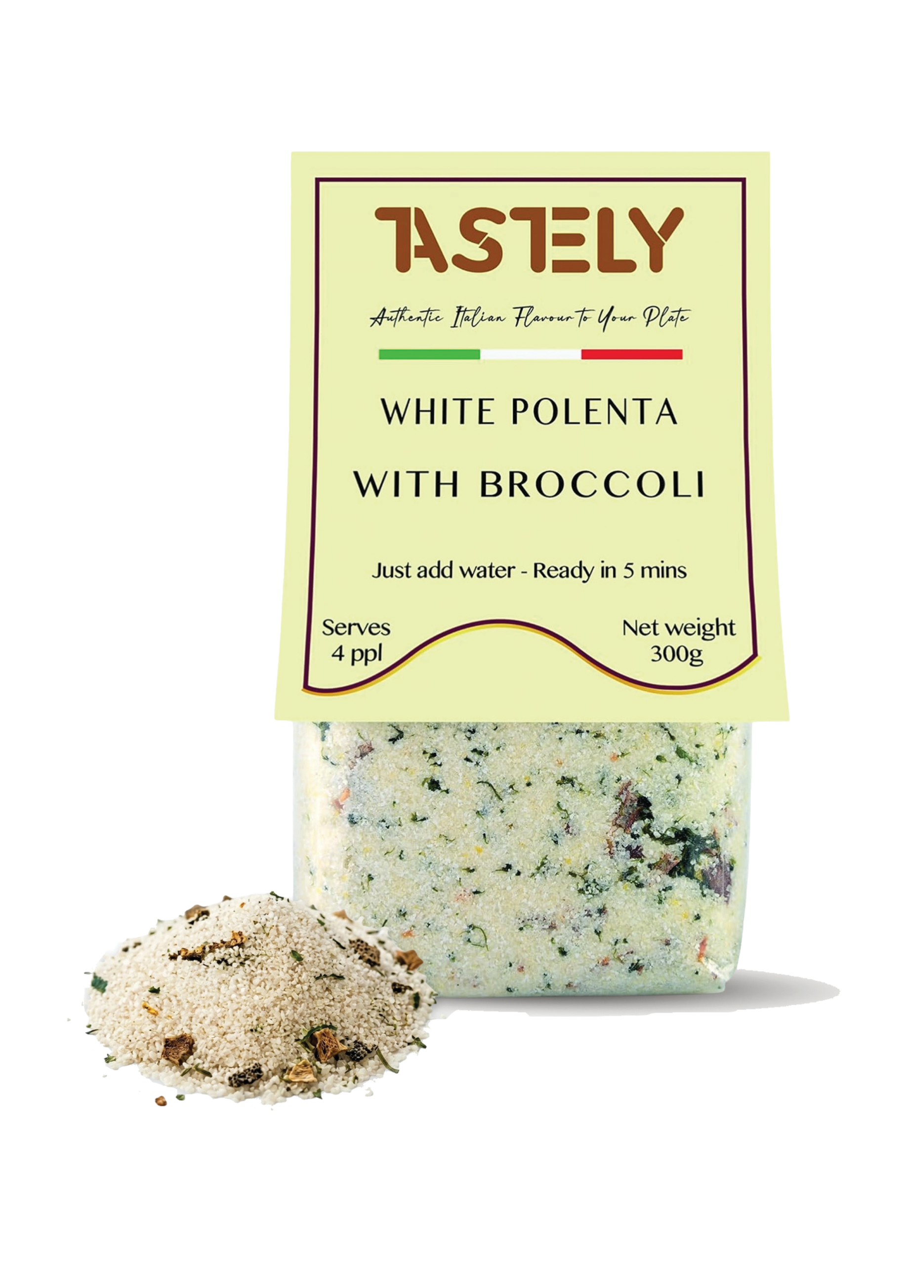 product packaging for tastely white polenta with broccoli ready to cuse polenta mix in a yellow bag with italian flag stripe