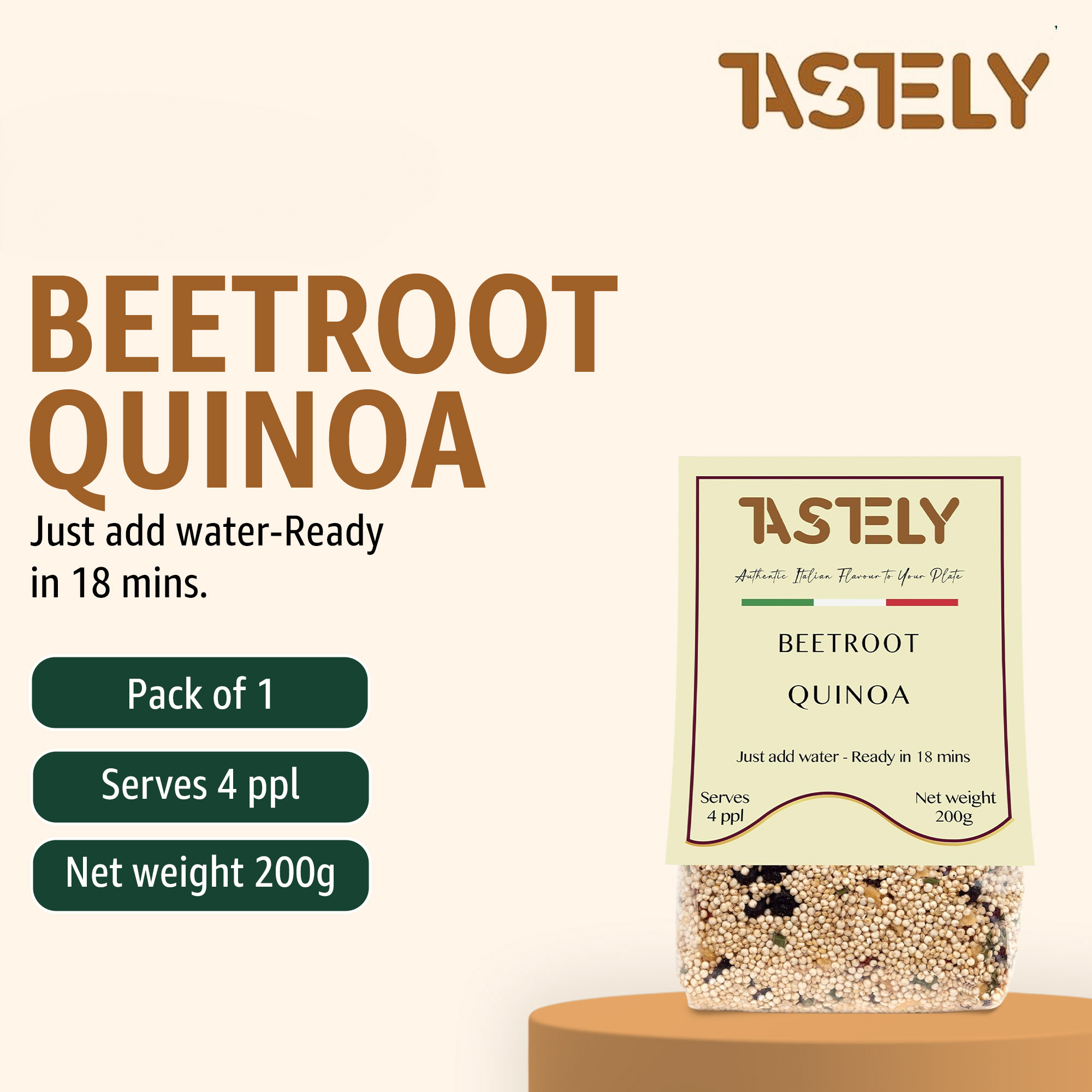 2 | Tastely marketing poster for a beetroot quinoa product bold brown text on a beige background with a tastely packet image on the right and a note about ready in 18 mins
