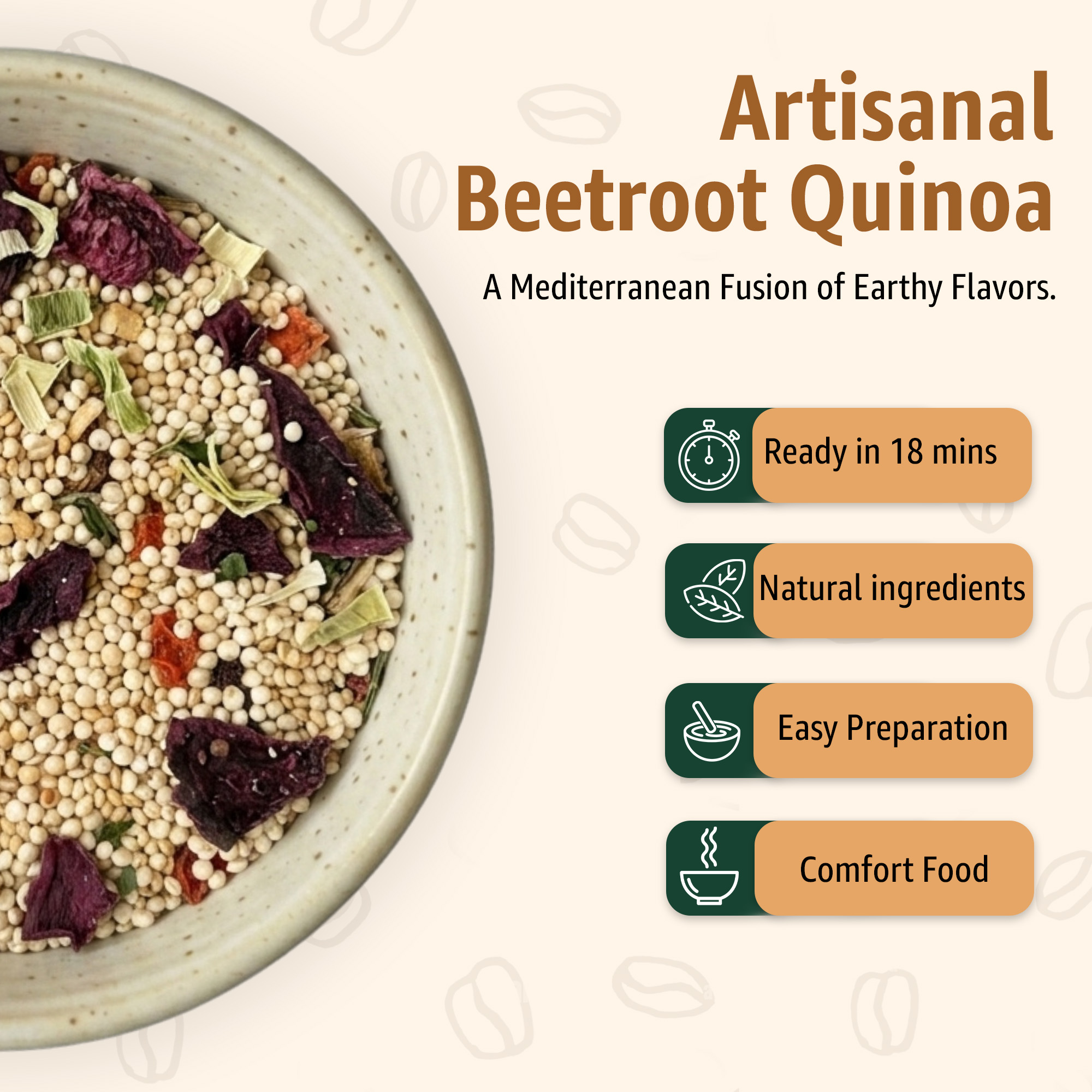 3 | Tastely banner with the title artisanal beetroot quinoa and subtitle a mediterranean fusion of earthy flavors beside a close up quinoa bowl on the left