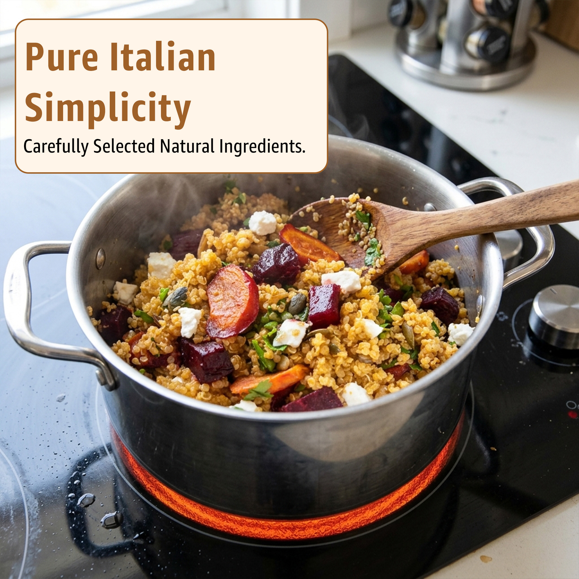 4 | Tastely quinoa with roasted vegetables in a pot on the stove overlaid by a beige banner reading pure italian simplicity carefully selected natural ingredients