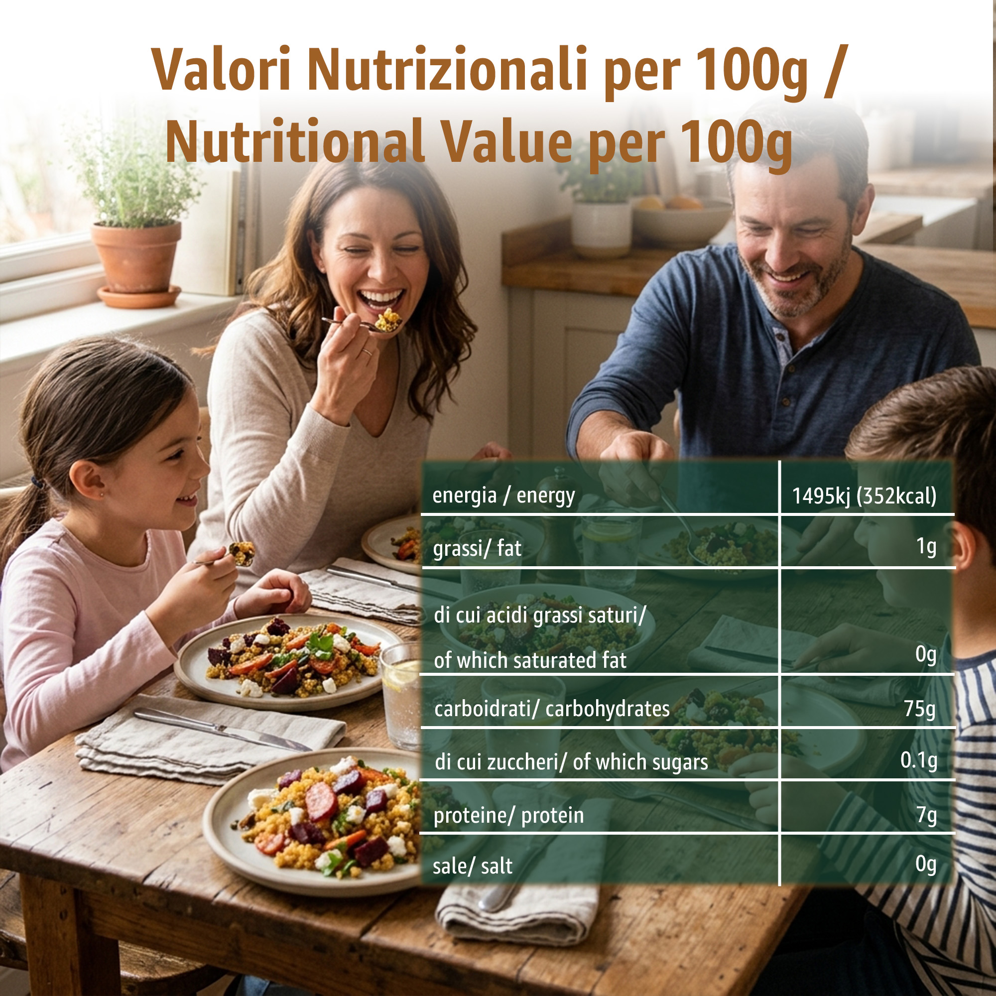 6 | Tastely family eating together at a dining table with a nutrition facts panel overlay showing per 100g values