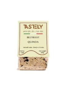 Tastely Beetroot Quinoa – 200g Ready in 18 Minutes | Tastely tastely beetroot quinoa pack featuring a 200g bag of mixed quinoa grains with a beige label displaying product details