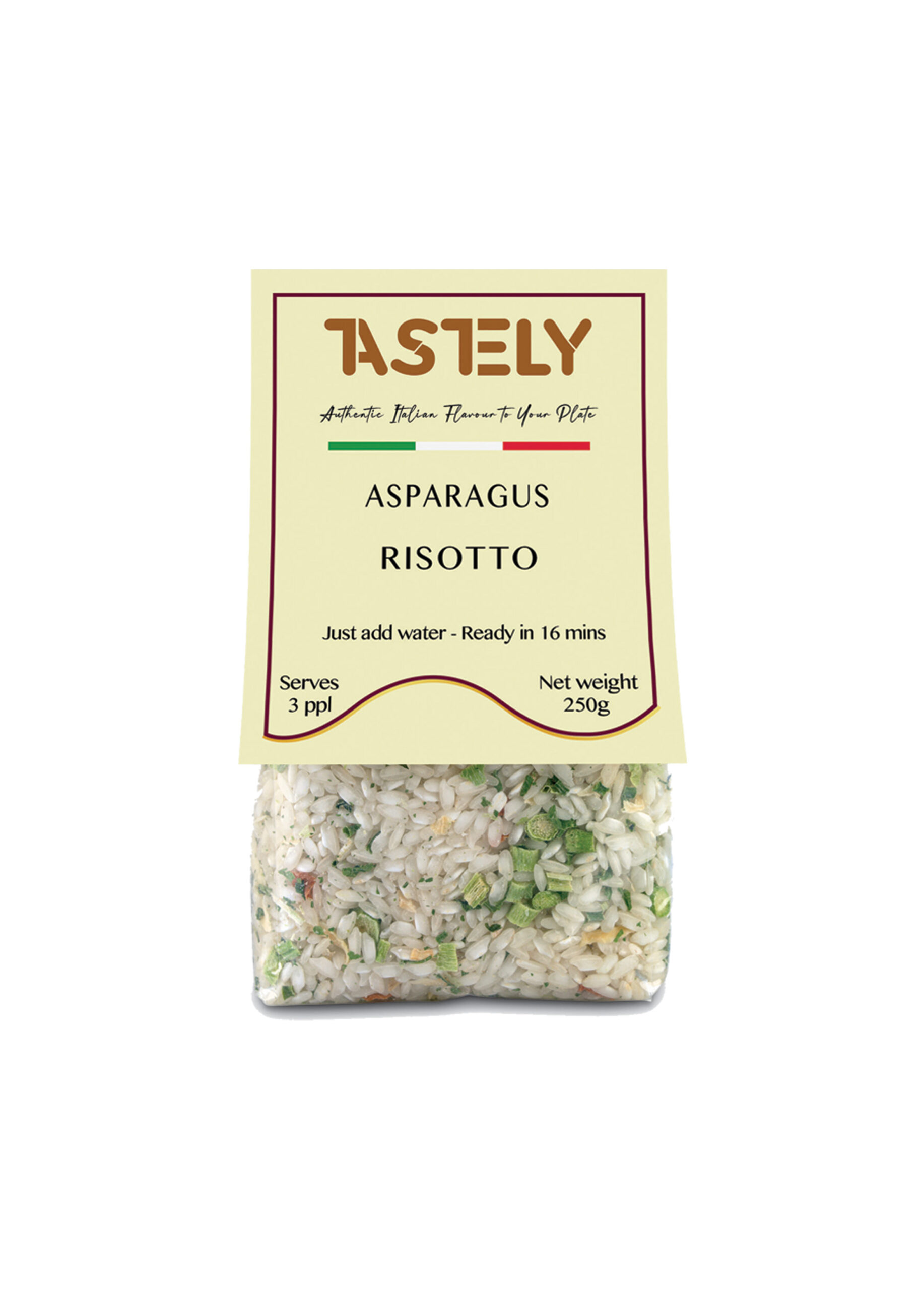 Packet of Pastely Asparagus Risotto mix with a pale yellow label and Italian flag stripe; reads 'Just add water – Ready in 16 mins'