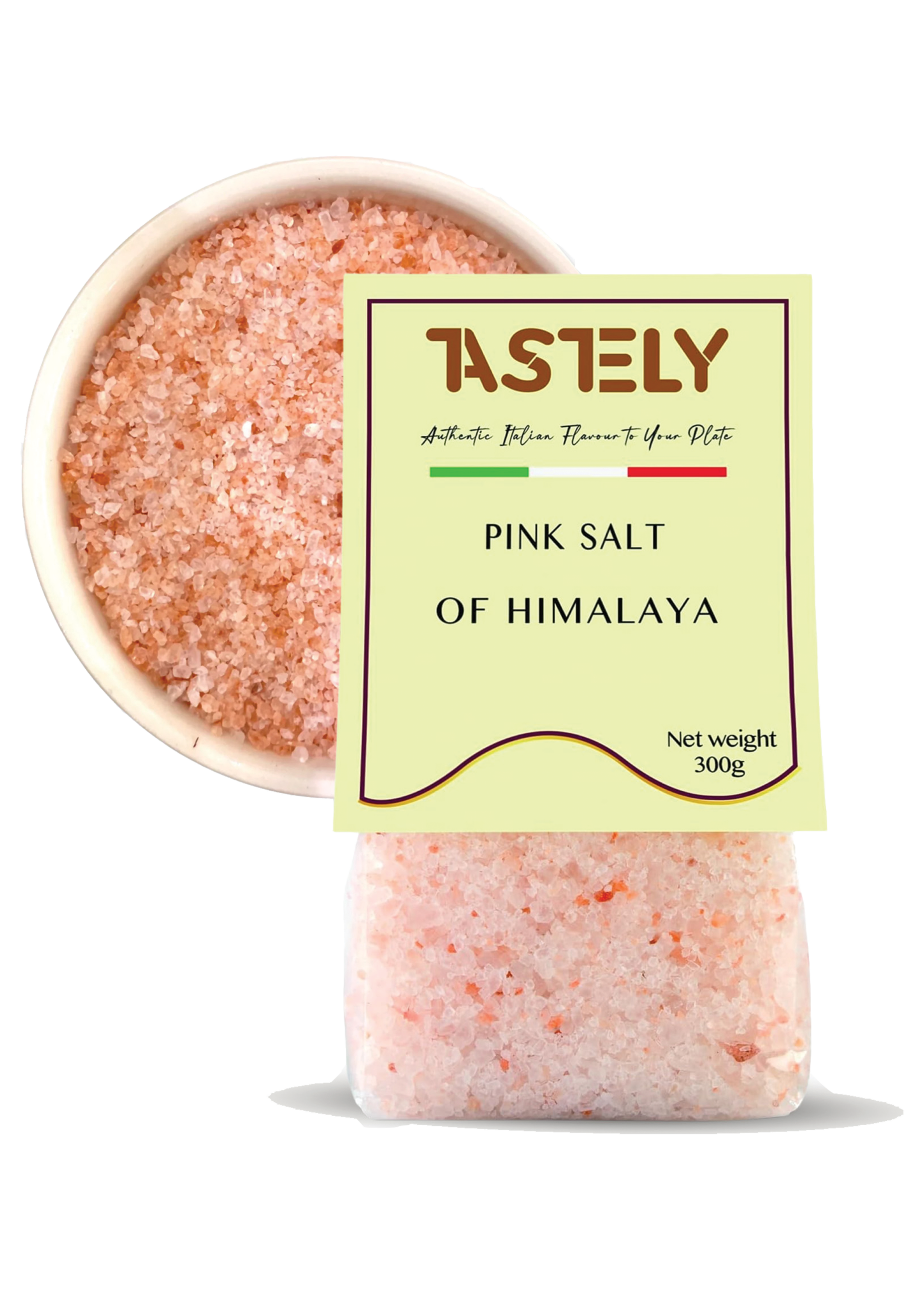 1 | Tastely pink himalayan salt crystals in a white bowl beside a pale green label reading tastely and pink salt of himalaya