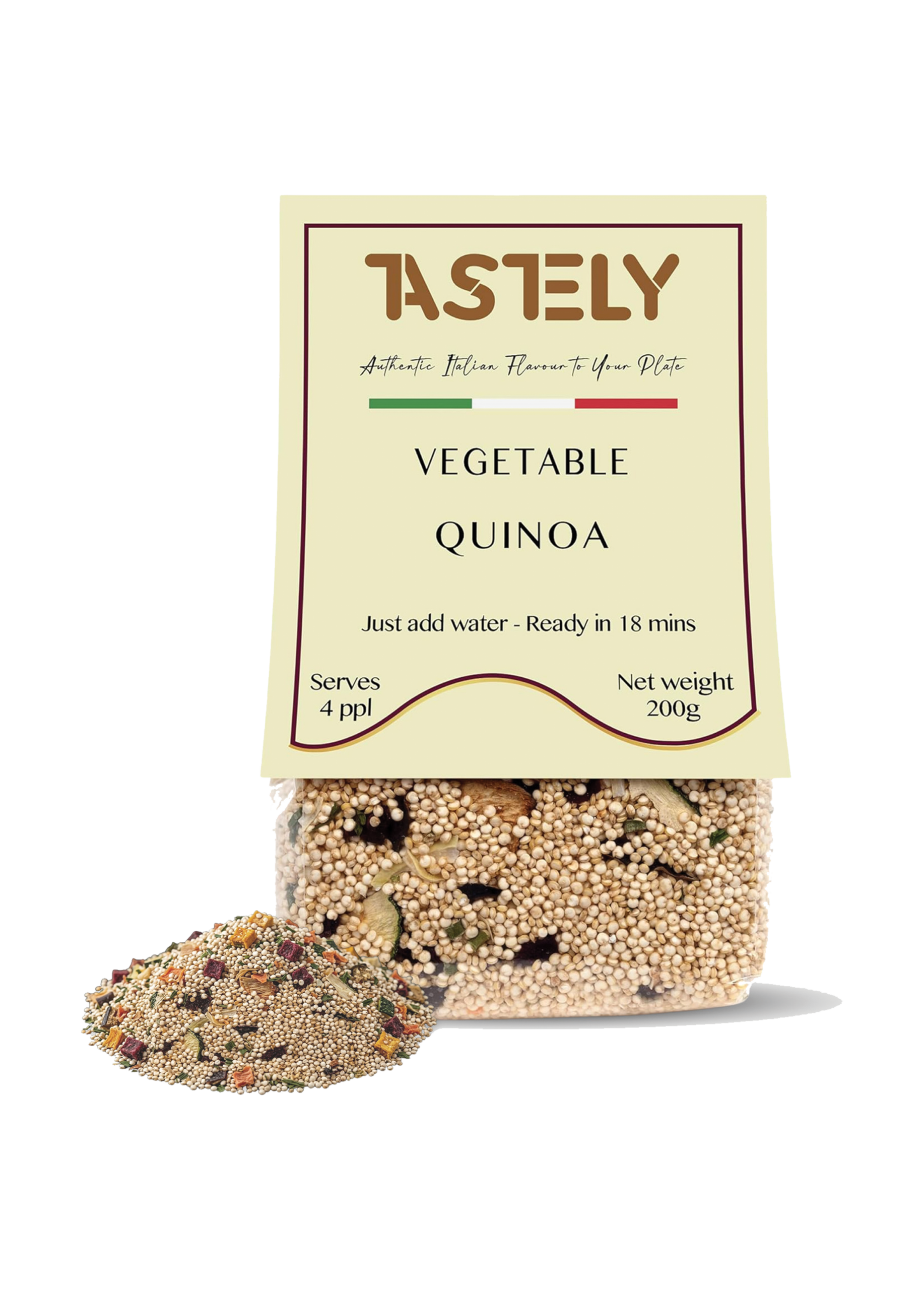 TASTELY vegetable quinoa snack packaging, beige bag with green-white-red stripe and sesame bars below