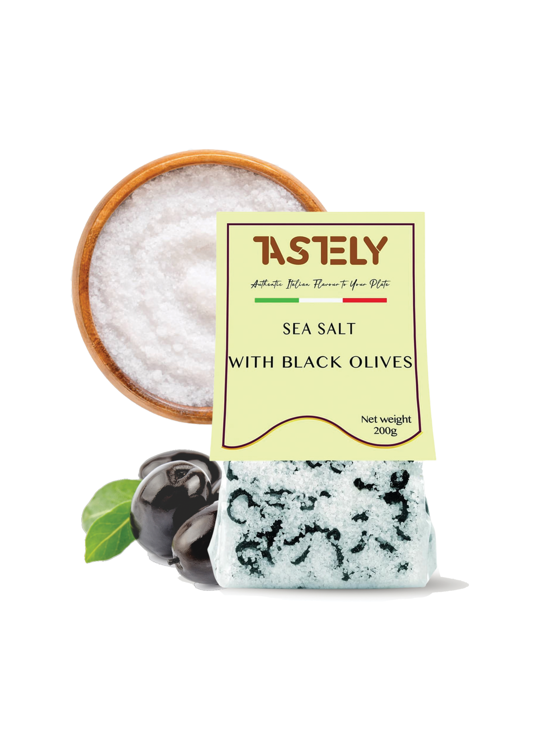 1 B | Tastely wooden bowl filled with coarse sea salt beside a pale yellow packet labeled tastely sea salt with black olives
