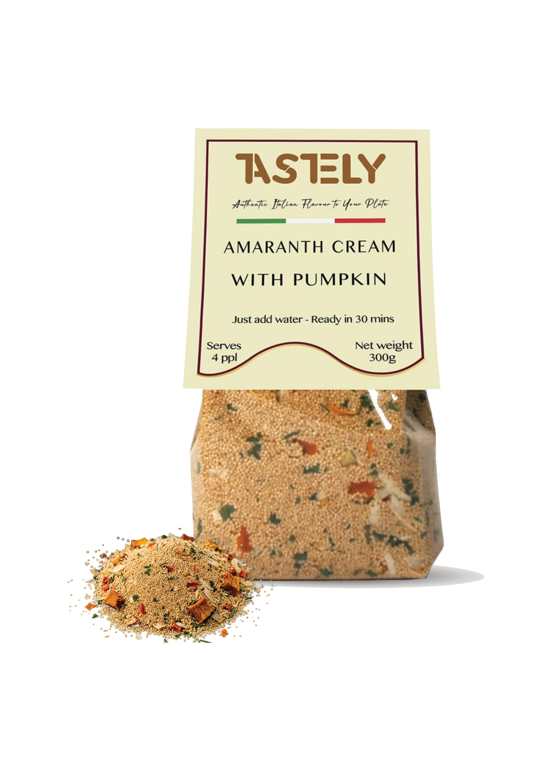 Front of a beige pouch labeled 'TASTELY' with 'Amaranth Cream with Pumpkin' and cooking instructions, featuring a small Italian flag stripe and serving details like 'Serves 4 ppl' and 'Net weight 300g'