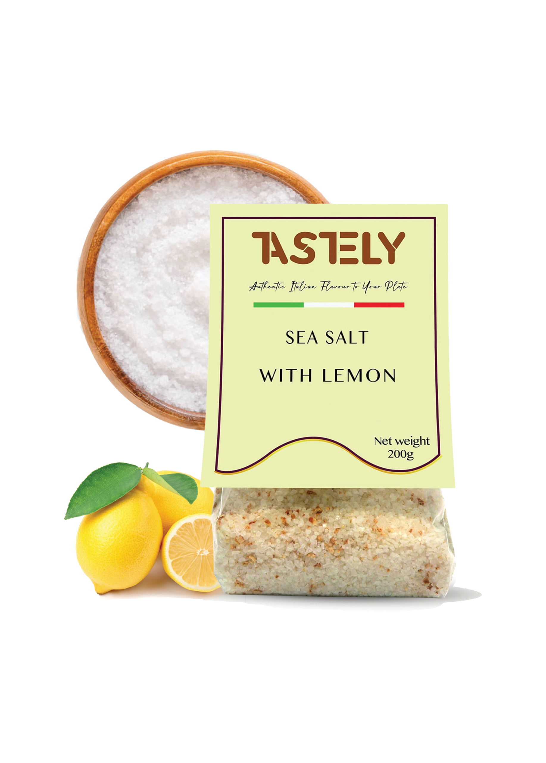 2 | Tastely salt with lemon packaging shown beside a pile of coarse sea salt and fresh lemons on a white background