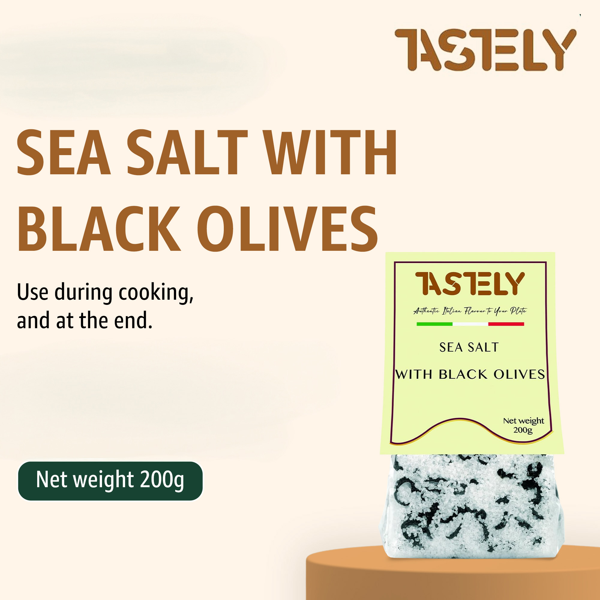 2 | Tastely promotional image showing a product label sea salt with black olives and tastely logo with a salt rock on a pedestal