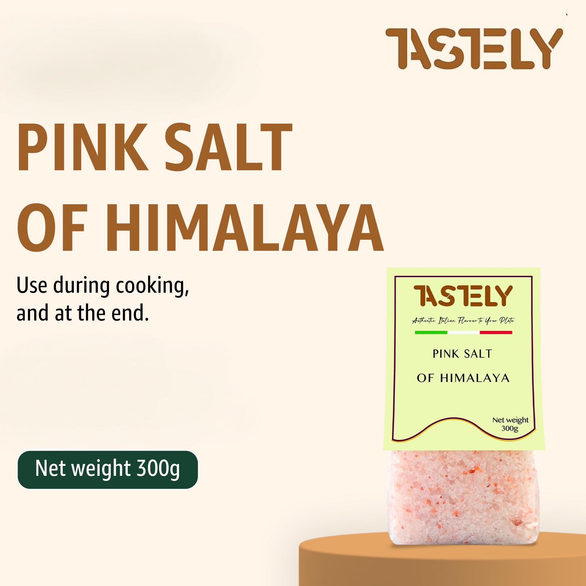 2 | Tastely brand poster showing pink salt of himalaya with a pink salt block on a pedestal and tastely label on a cream background