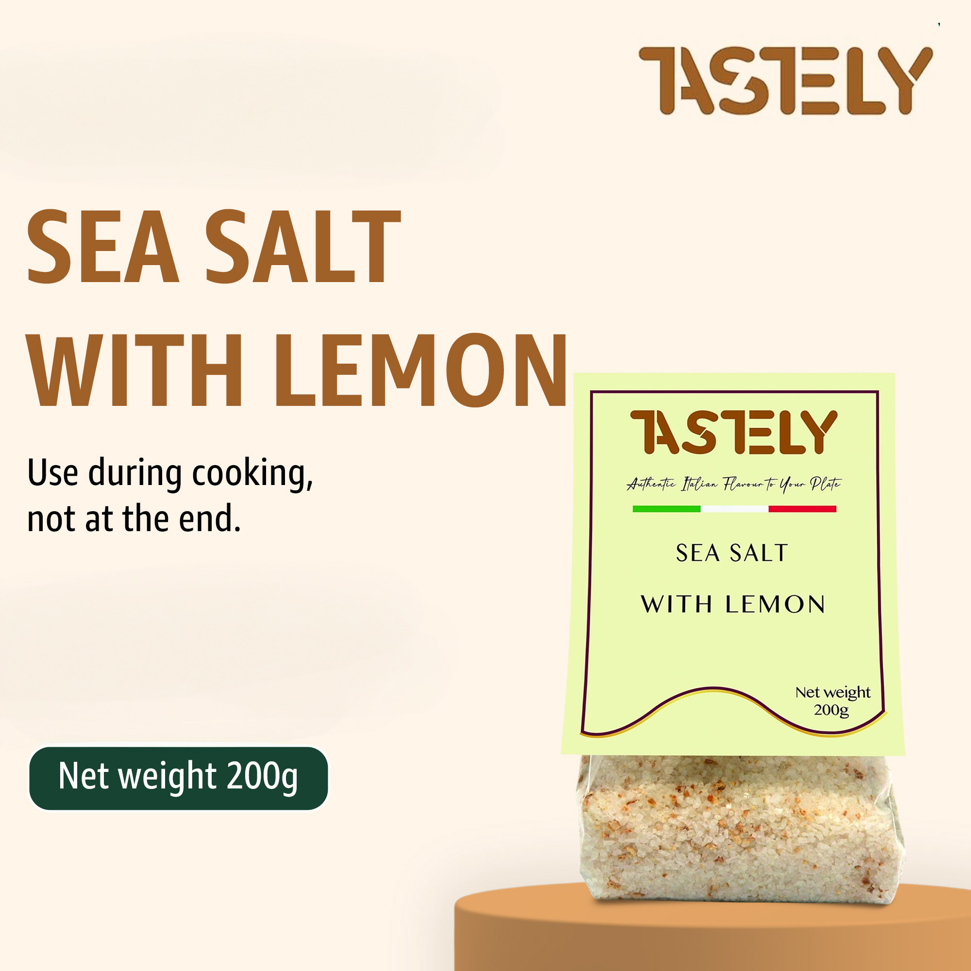 2 B | Tastely sea salt with lemon packaging displayed on a beige background shows a yellow green packet and a bag of salt net weight 200 g