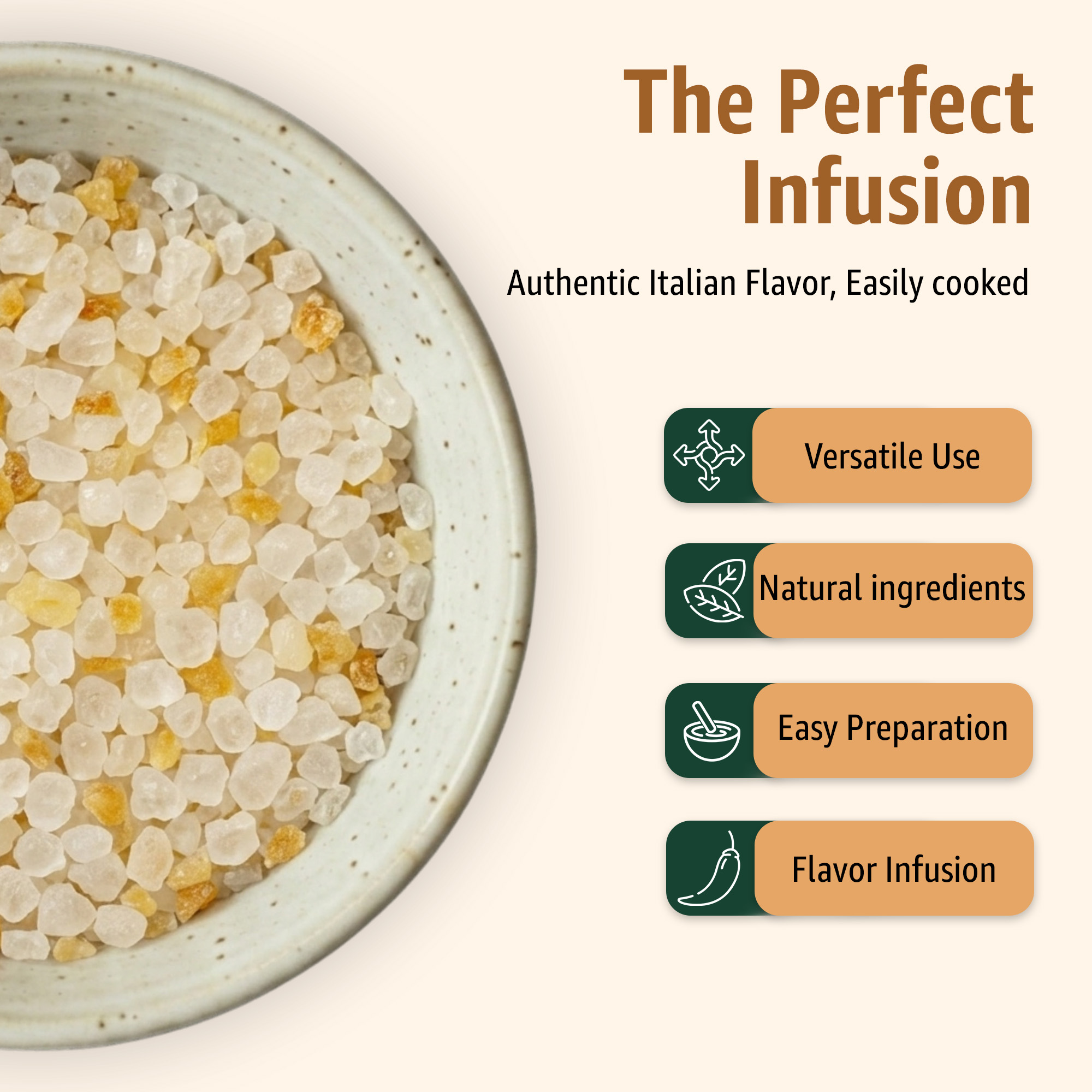 3 | Tastely partial view of a ceramic bowl filled with coarse salt on the left beige background and bold marketing text reading the perfect infusion with a subtitle about authentic italian flavor easily cooked on the right