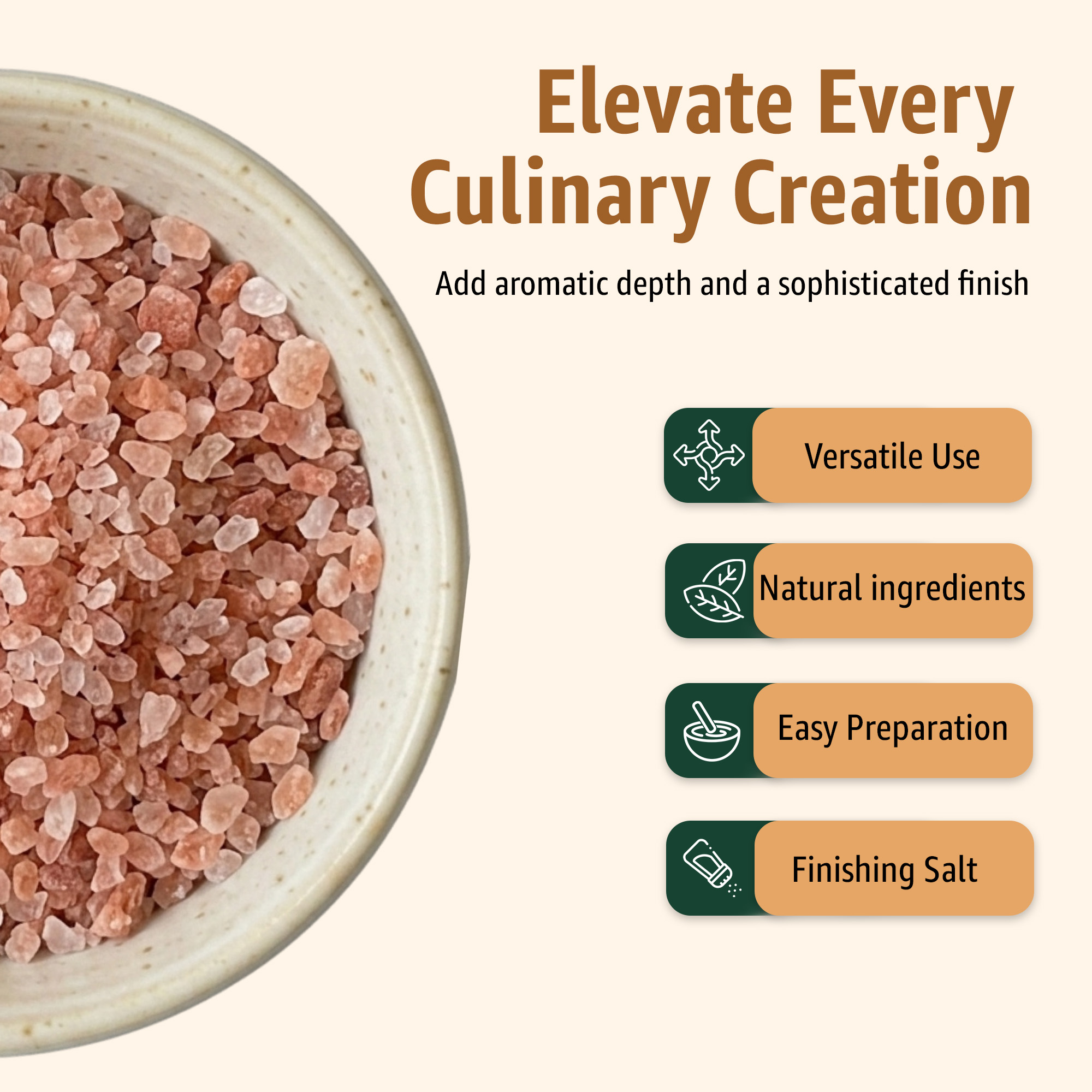 3 | Tastely bowl of pink himalayan salt on the left with a beige background and the headline elevate every culinary creation on the right