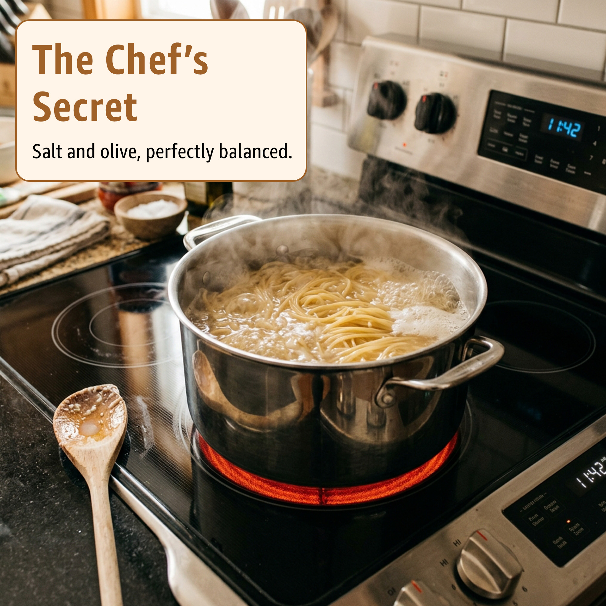 4 | Tastely the chefs secret salt and olive perfectly balanced text over a cream rounded rectangle on a kitchen stovetop scene with pasta boiling in a pot