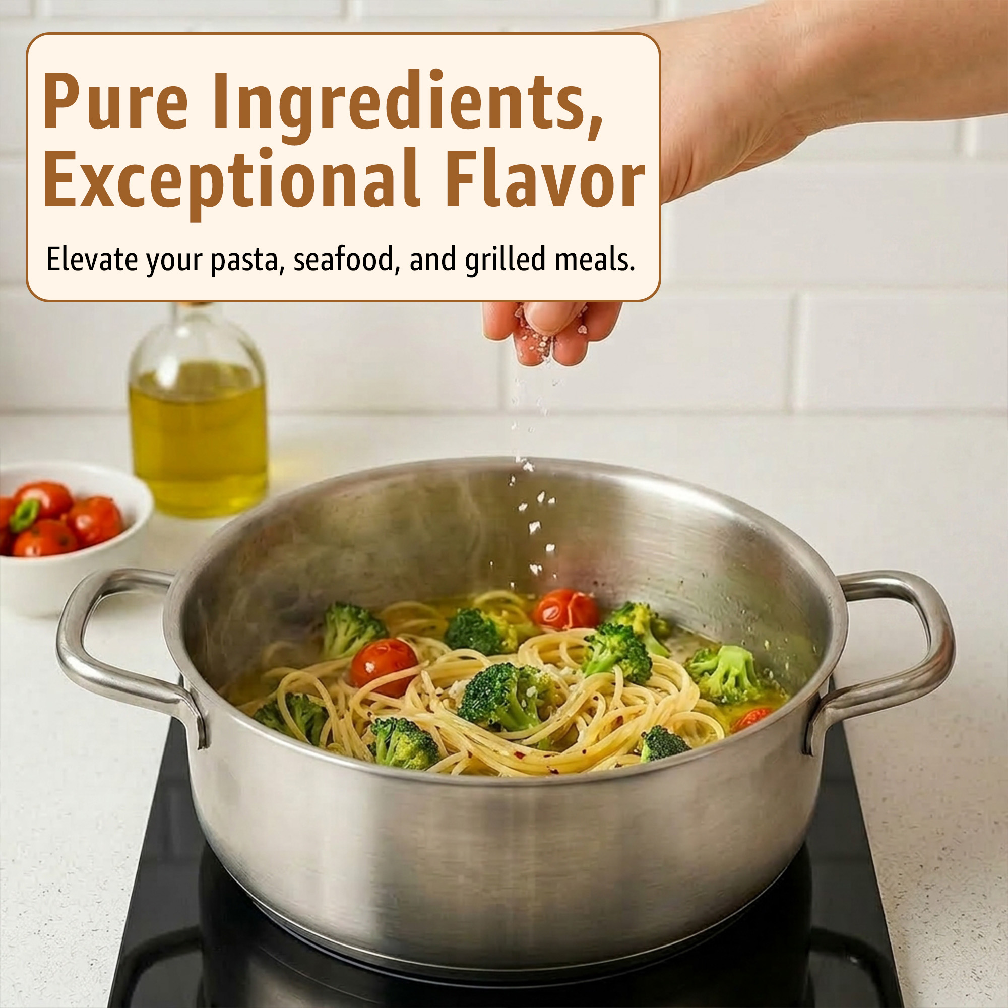 4 | Tastely large stainless pot on a stove filled with spaghetti broccoli and cherry tomatoes simmering on a kitchen counter a hand pours water over the ingredients background shows a bottle of olive oil and a bowl of tomatoes
