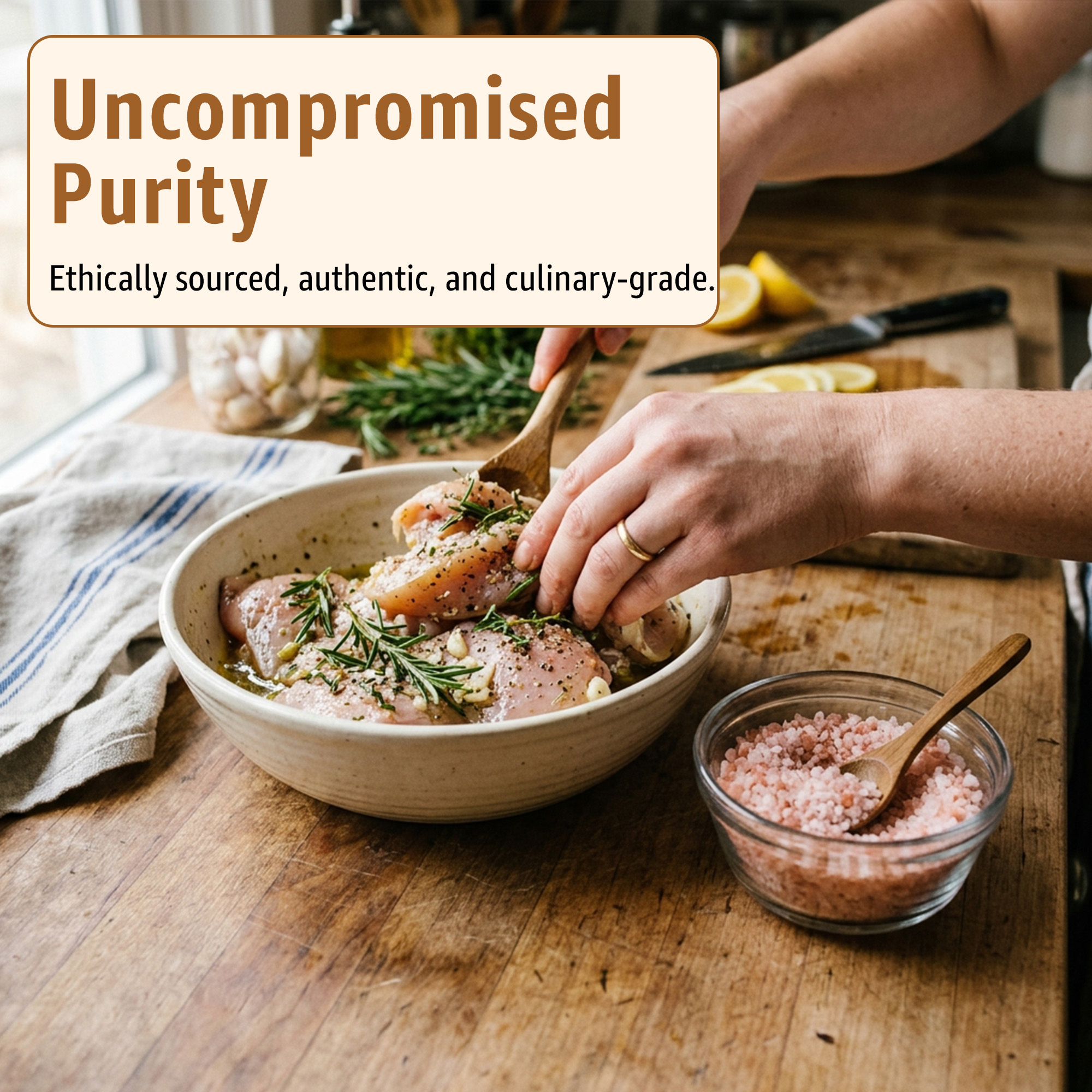 4 | Tastely hands seasoning raw chicken in a bowl on a wooden kitchen table with sprigs of rosemary and pink salt nearby in glass bowls