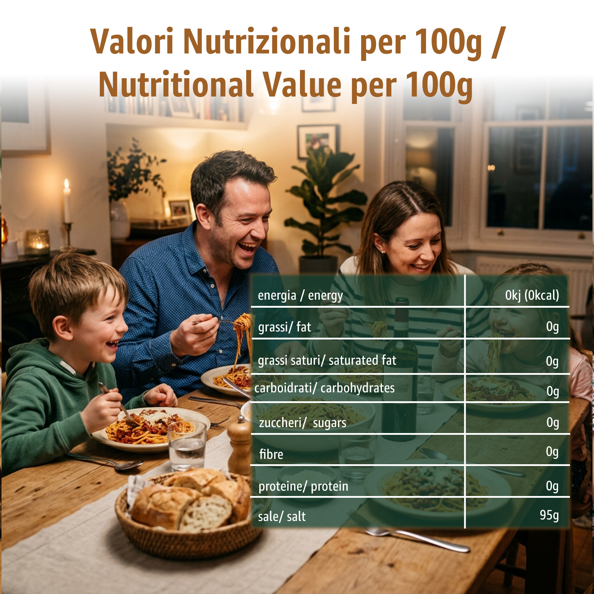 6 | Tastely family at a dining table with pasta overlay lists per100g nutritional values energy fat carbs sugars protein salt
