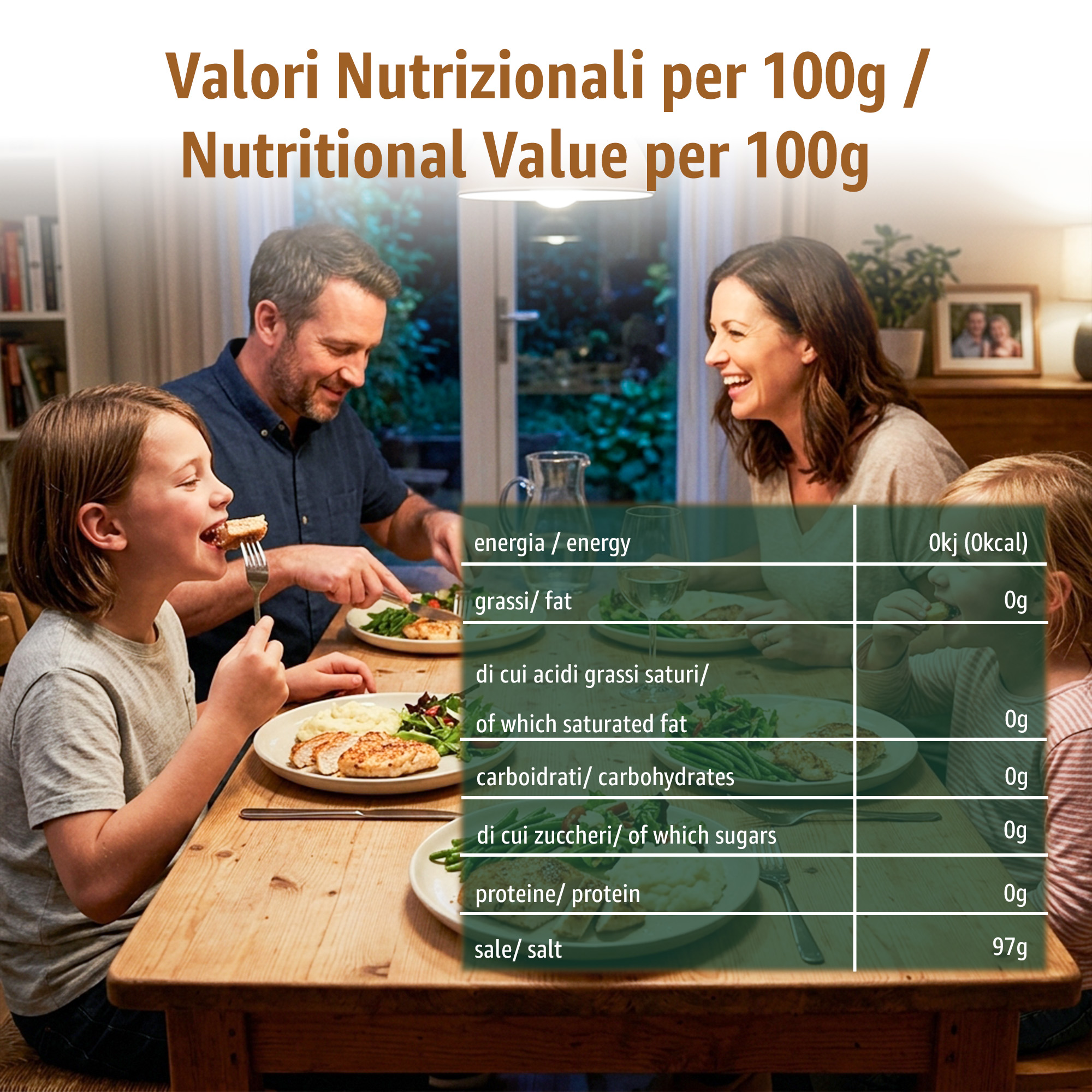 6 | Tastely family at a dinner table with a translucent nutrition chart overlay showing energy fat carbs protein and salt per 100g italyenglish labels