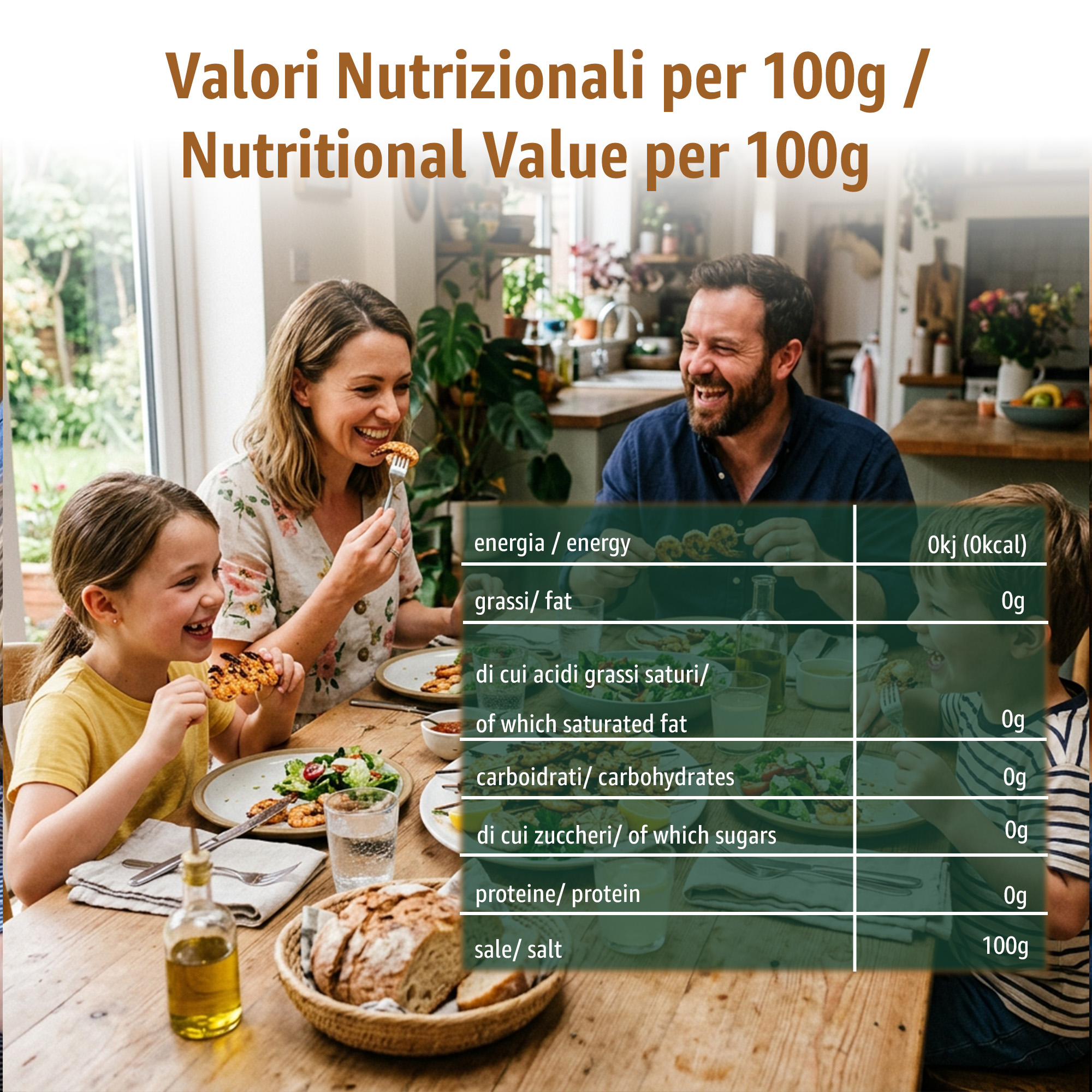 6 | Tastely family meal at a bright kitchen table with bread and salad italian nutrition values overlaying the image on the right side