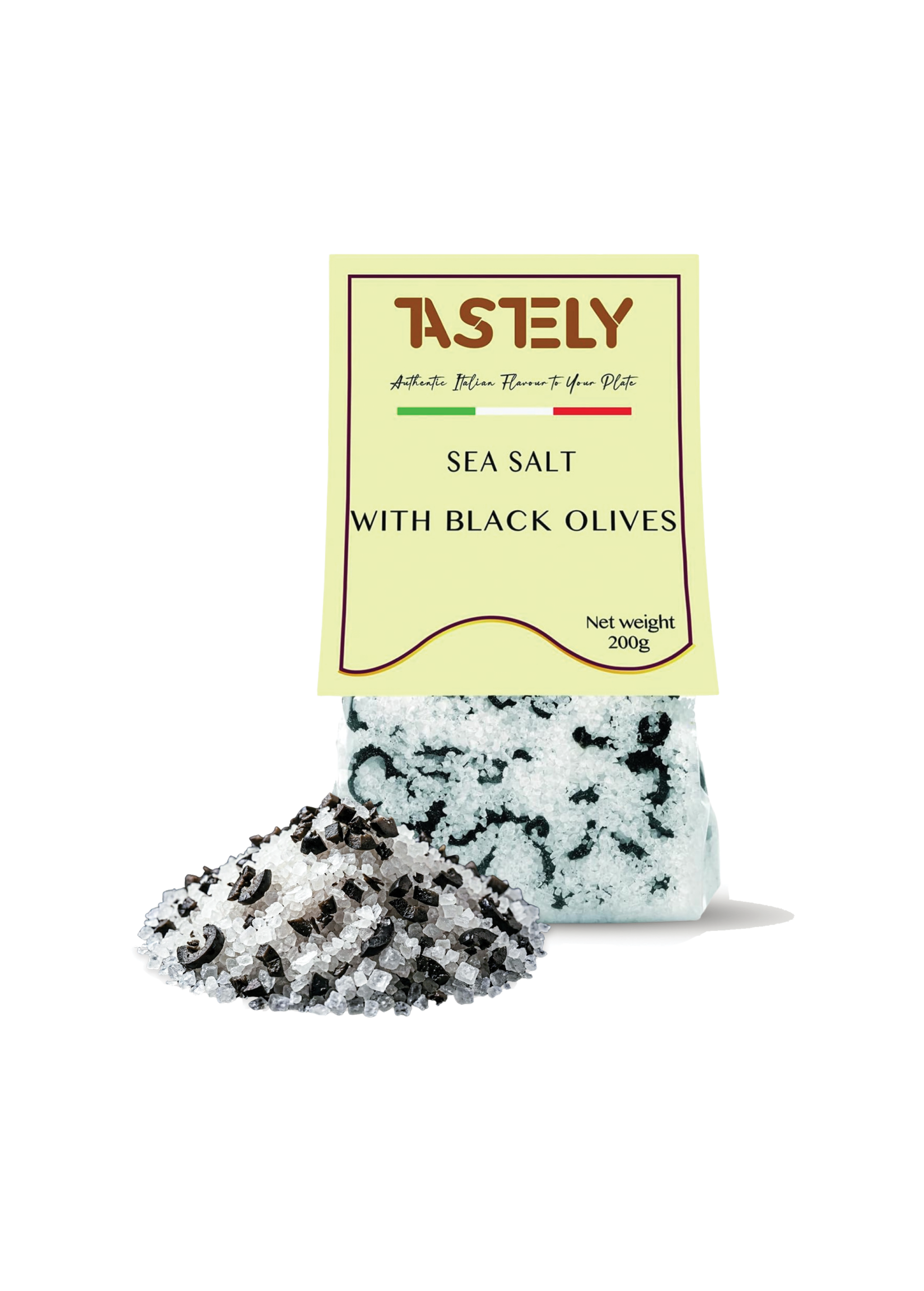 a pale yellow packet labeled tastely with sea salt with black olives and a small italian flag strip perched on stacks of salt crystals