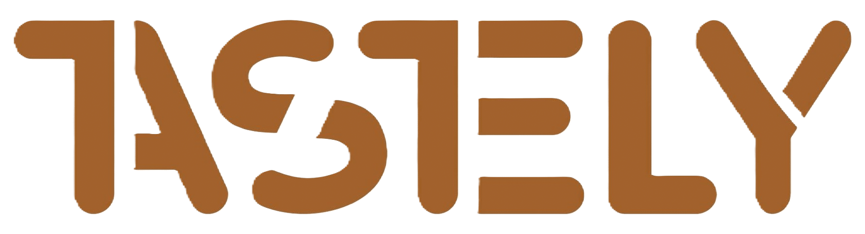 Stylized brown TASTELY logo in bold, rounded typography on a transparent background