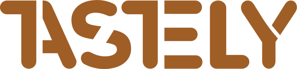 Stylized brown TASTELY logo in bold, rounded typography on a transparent background