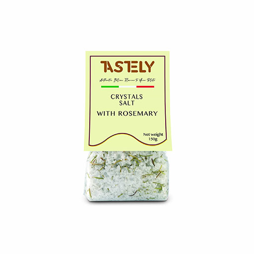 Package of Tastely Crystals Salt with Rosemary, featuring coarse salt blended with rosemary leaves in a clear pouch.