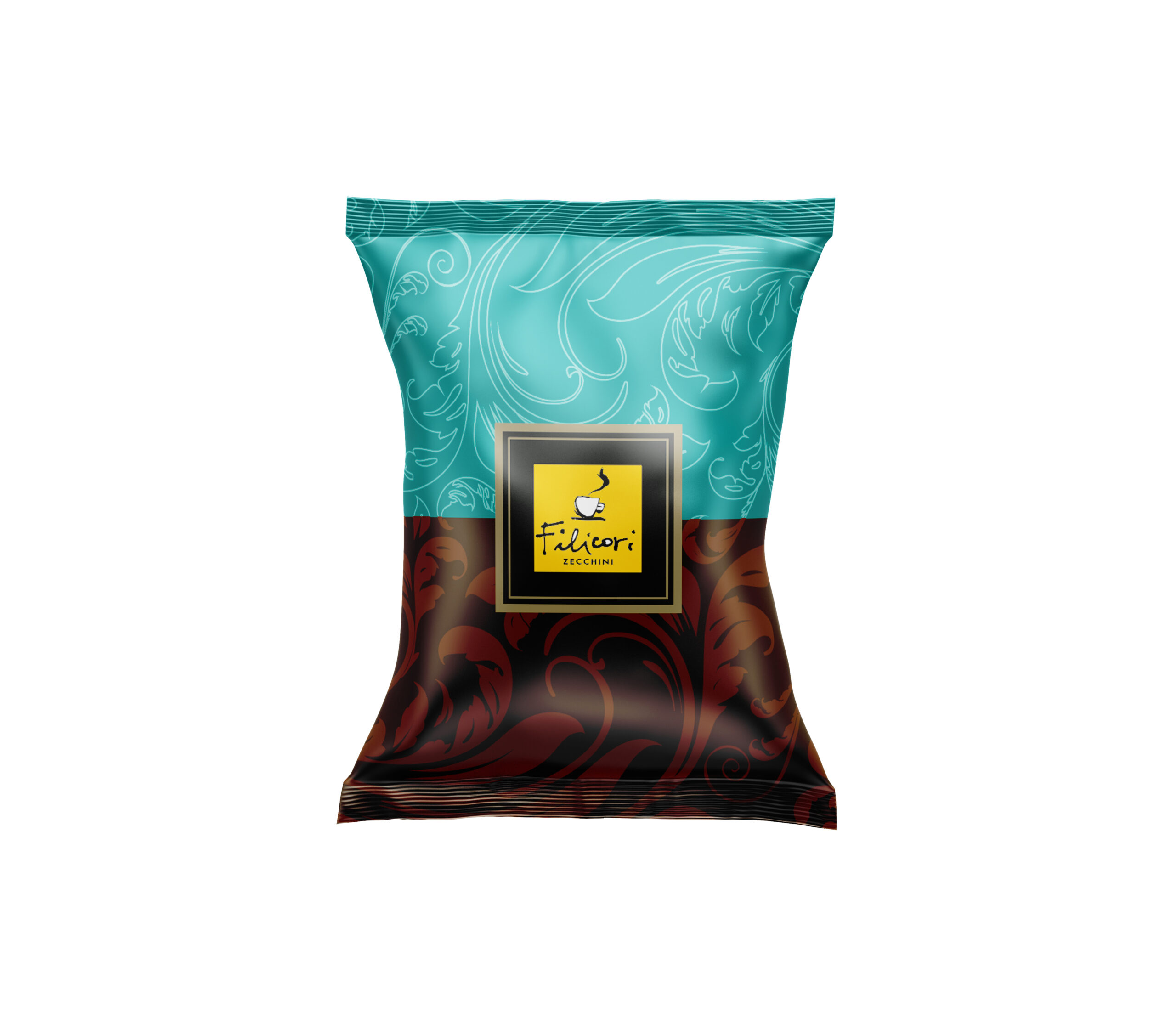 turquoise snack bag with decorative white swirls and a centered yellow label on the front